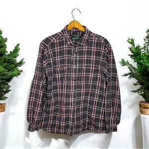 WOOLRICH Womens Onyx Gray Black Plaid Button Up Collard Flannel Shirt